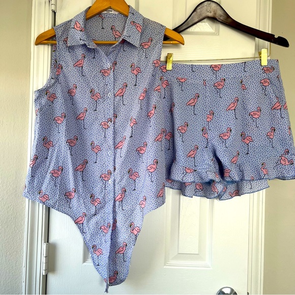 Women’s Blue sky shirt/top and short set printed pink flamingo pattern size m - Picture 7 of 8